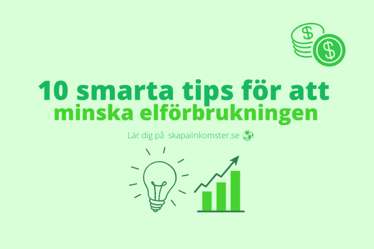 10 smarta tips för att minska elförbrukningen skrivet i två olika gröna färger tillsammans med tre ekonomi symboler. Bilden har en ljusare grön färg som bakgrund.