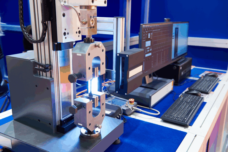 Modern technical background for a metrology company, featuring blue and white geometric patterns and a soft blur