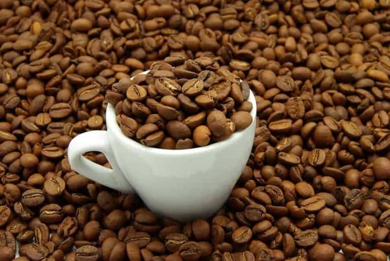 Coffee beans in a cup of coffee
