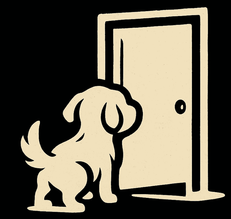 A dog waiting in front of a door, symbolizing the creative development stage where ideas are prepared before production begins.
