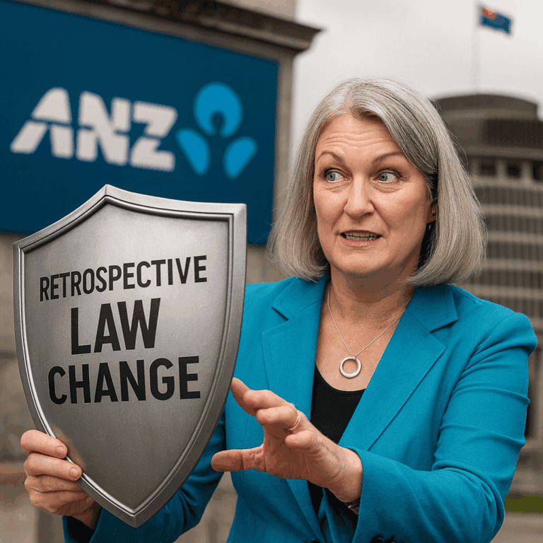 NZ law - ANZ bank class action retrospective legislation + LawFuel. Image: ChatGPT