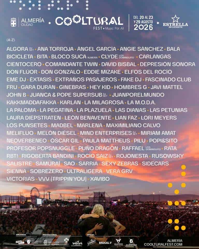 Cartel oficial del Cooltural Fest 2026 con David Bisbal, Hombres G y Amaral en Almería.
