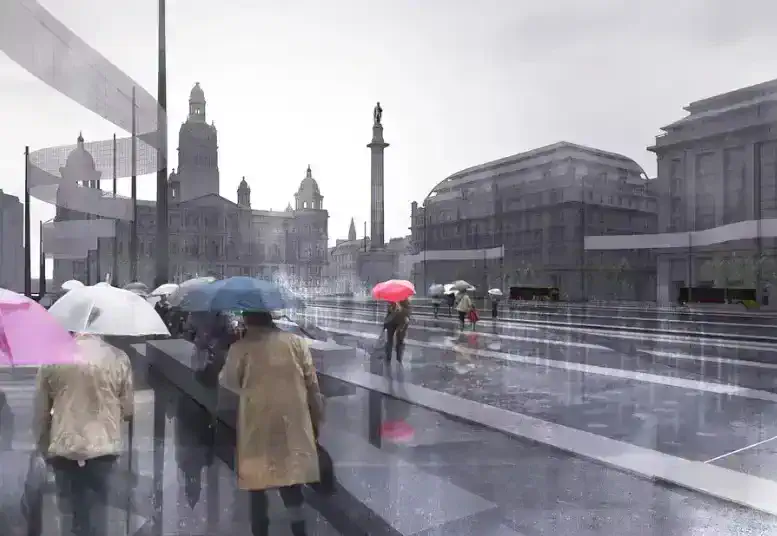 George Square Glasgow people in the rain umbrellas