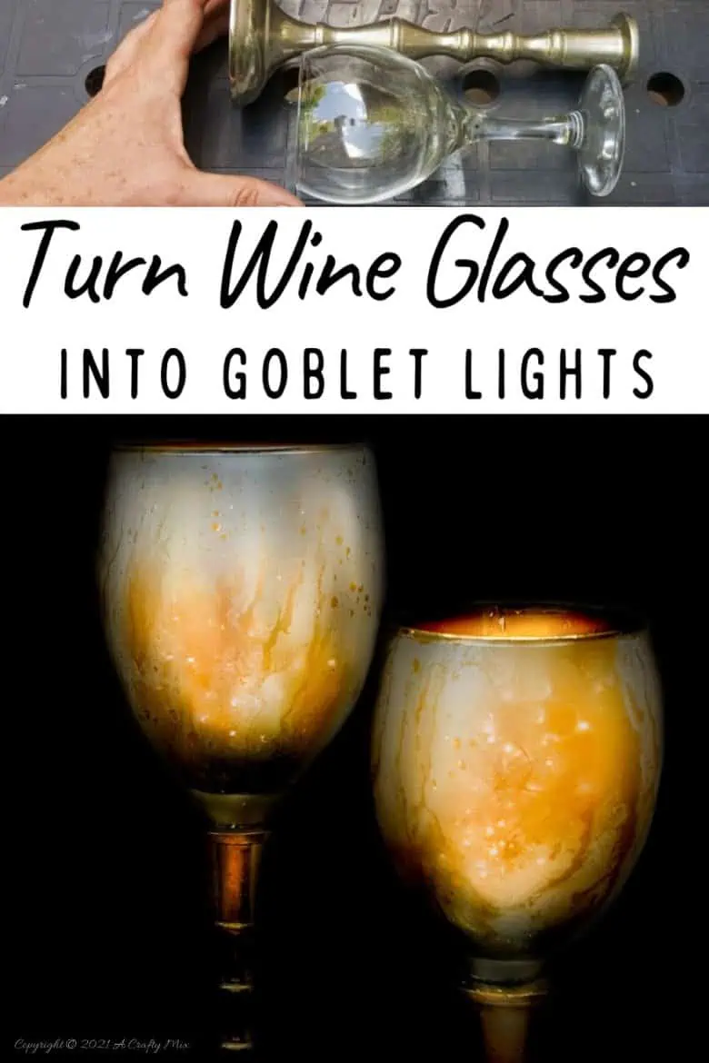 Don’t throw those broken wine glasses away you’ve seen how you can repurpose them to make these gorgeous chalice or goblet lights. The step-by-step tutorial includes a video that will show you how to cut the wine glass and how to get that mercury glass effect in two easy steps. #Wineglassrepurpose #BrokenGlass #ACraftyMix #DIYGoblet #Chalice #MercuryGlass
