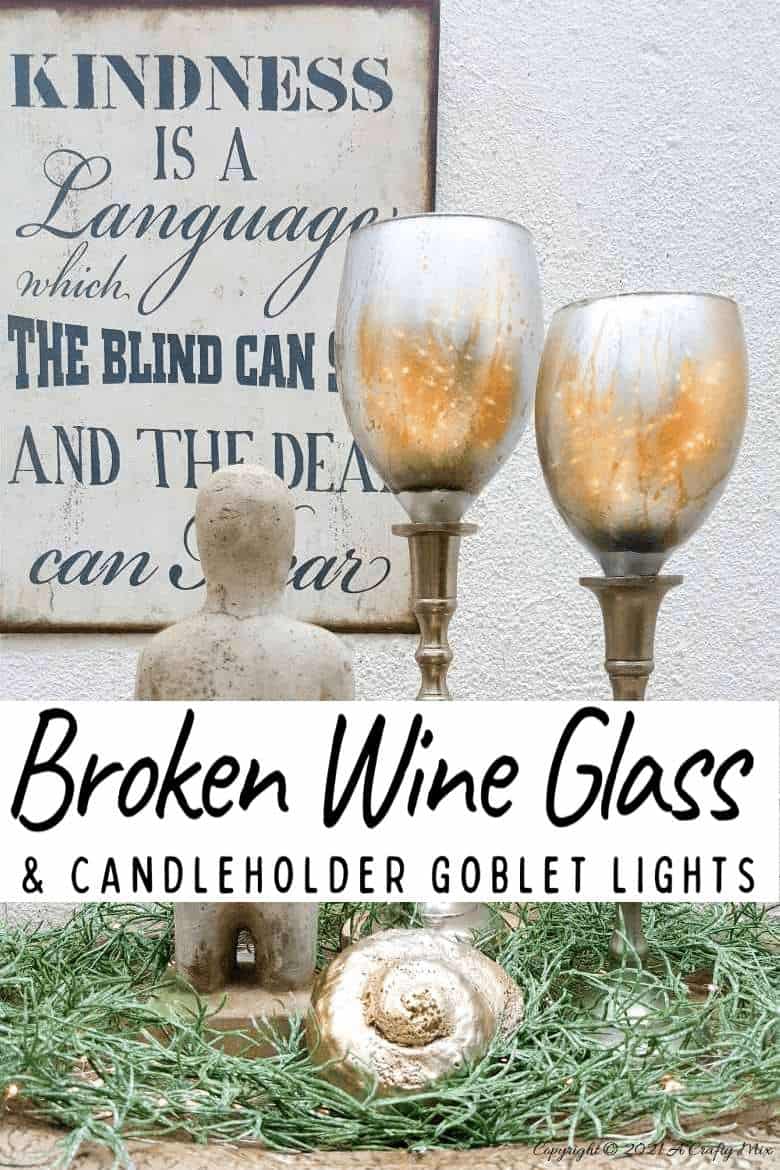Don’t throw those broken wine glasses away you’ve seen how you can repurpose them to make these gorgeous chalice or goblet lights. The step-by-step tutorial includes a video that will show you how to cut the wine glass and how to get that mercury glass effect in two easy steps. #Wineglassrepurpose #BrokenGlass #ACraftyMix #DIYGoblet #Chalice #MercuryGlass