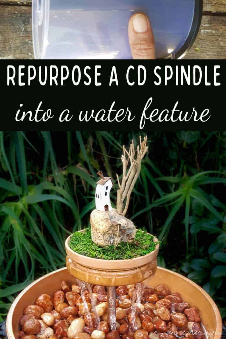 This photo-rich tutorial will show you how just how easy it is to repurpose an empty CD case and turn it in a CD spindle water feature bringing a calming, zen-like decorative feel to any space. #Spindlerepurpose #ACraftyMix #waterfeature