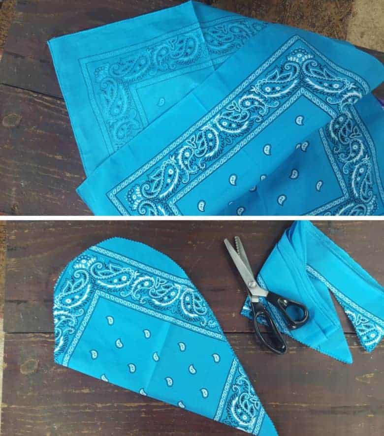 Fold the bandana in half and cut out 1/2 heart shape
