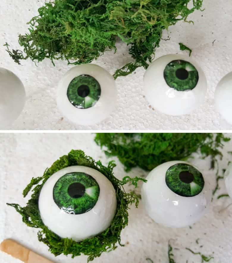 Cover the polystyrene eyes with a glossy mod podge or varnish and add moss