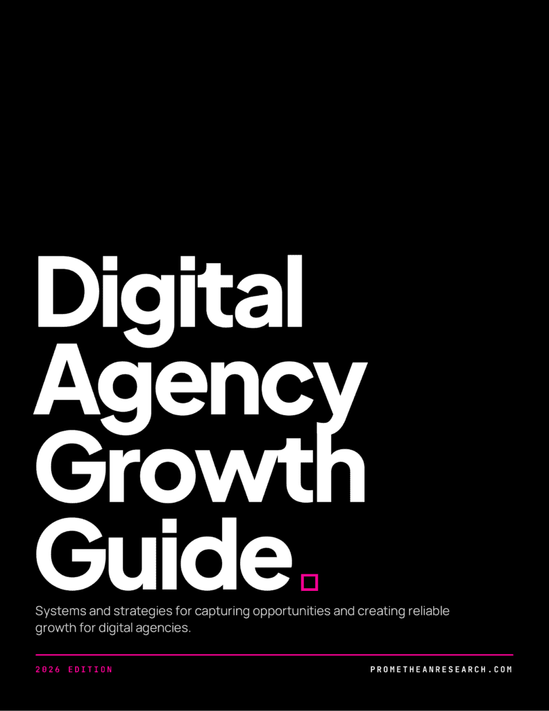 Cover of the 2026 Digital Agency Growth Guide by Promethean Research: the title in white on black with a magenta accent, above the subtitle 