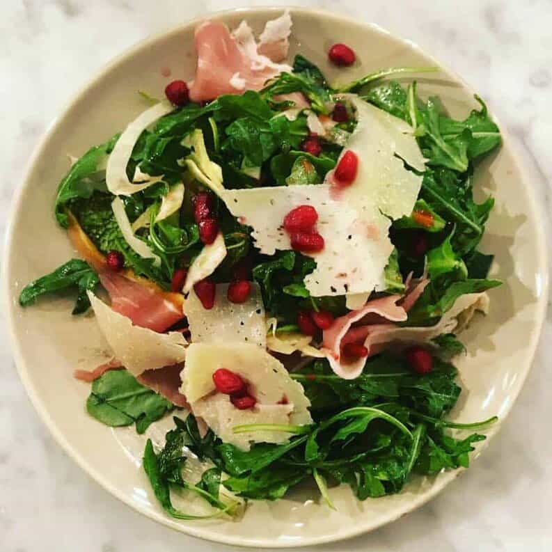 Arugula Salad with Shaved Pecorino, Prosciutto, and Pomegranate Arils