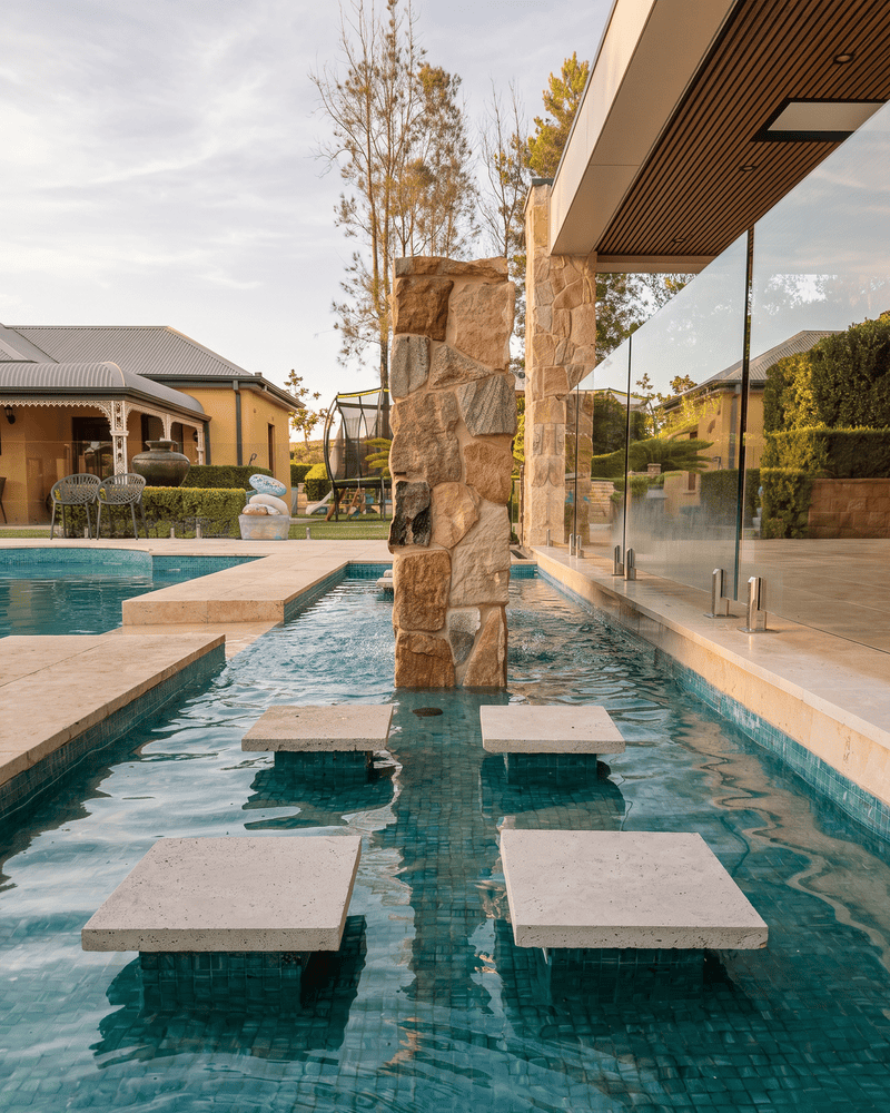 Exterior pool with natural stone paver and cladding