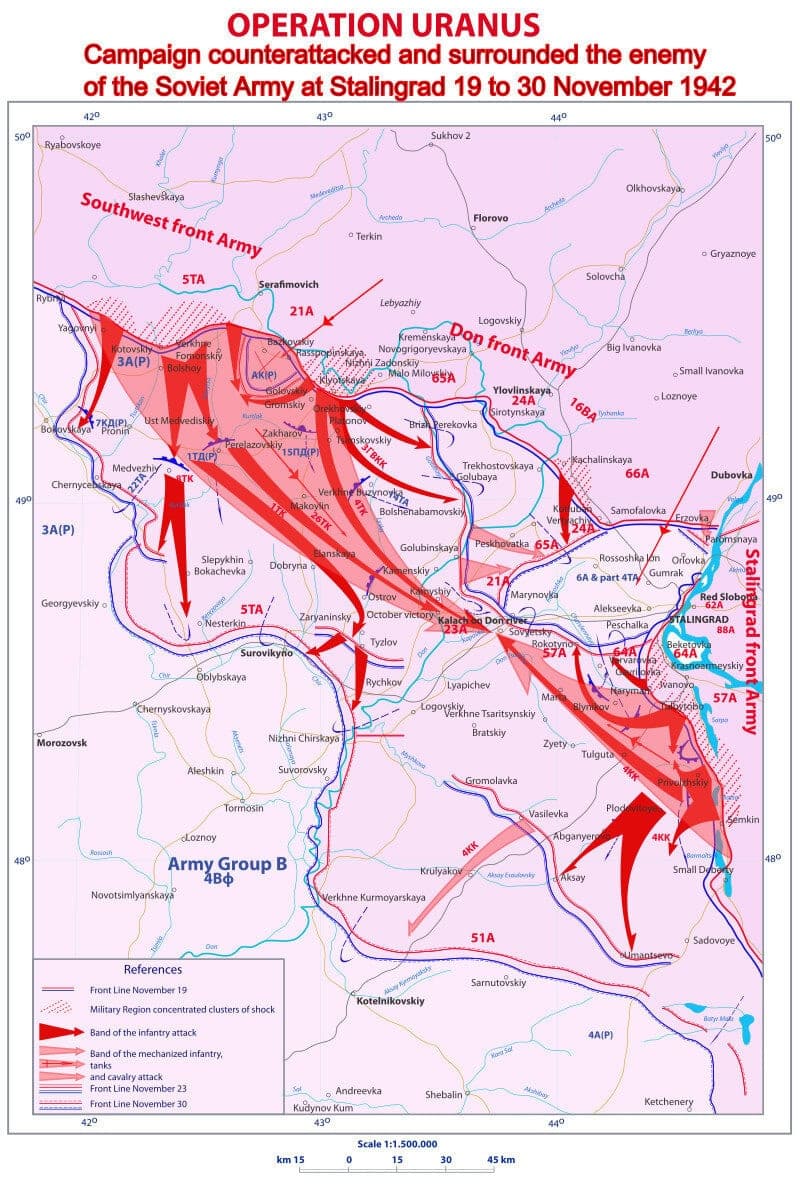 Kaart toont Sovjetoperaties Uranus en Saturnus, die in 1942 Duitse troepen omsingelden bij Stalingrad, beslissend voor de geallieerde overwinning.