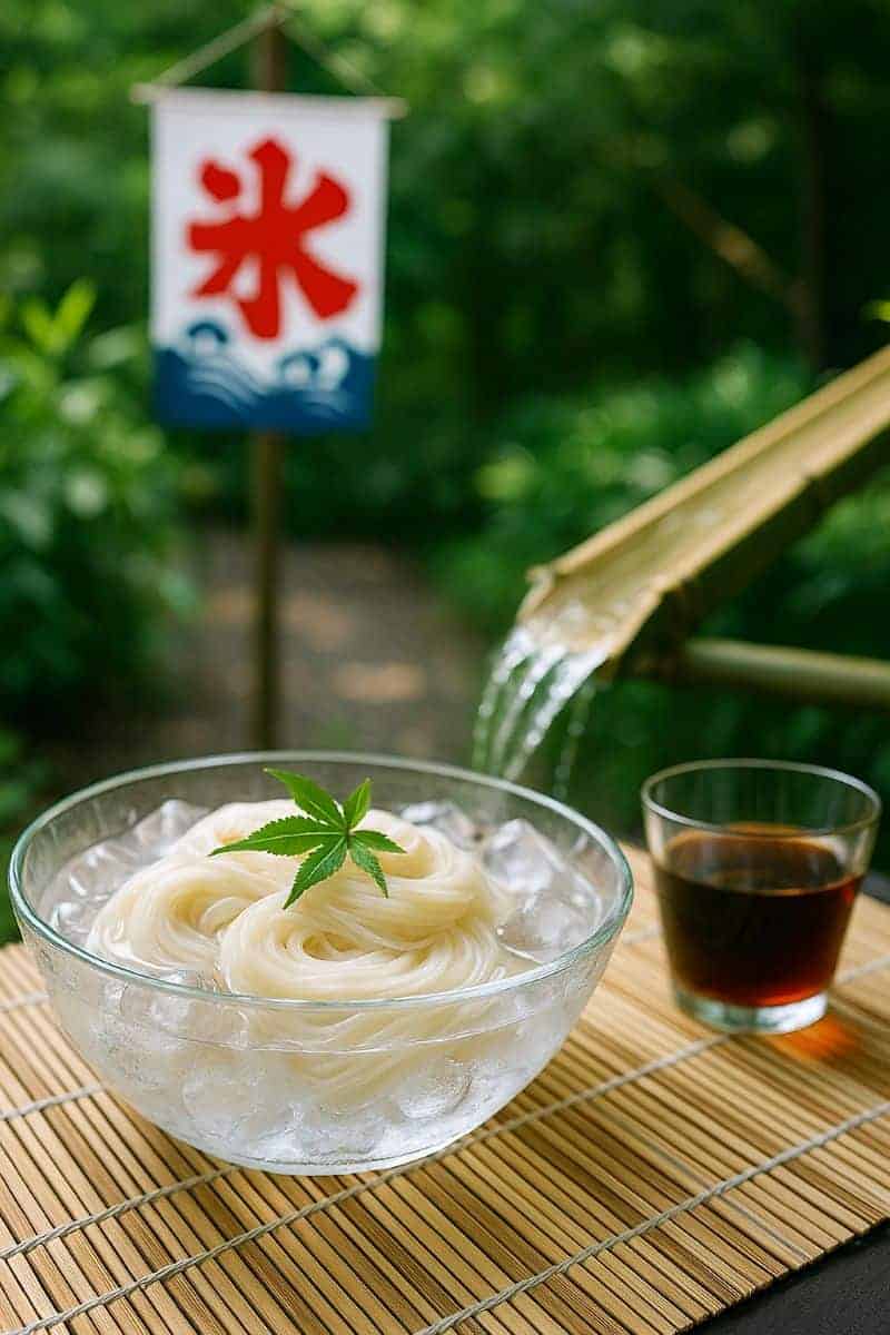流しそうめんを囲む日本の夏