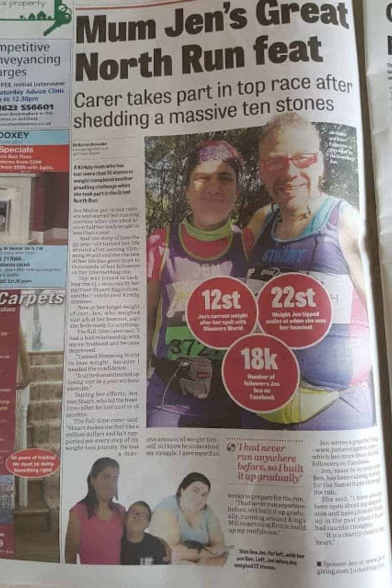 Newspaper article about weight loss and then running the great north run.