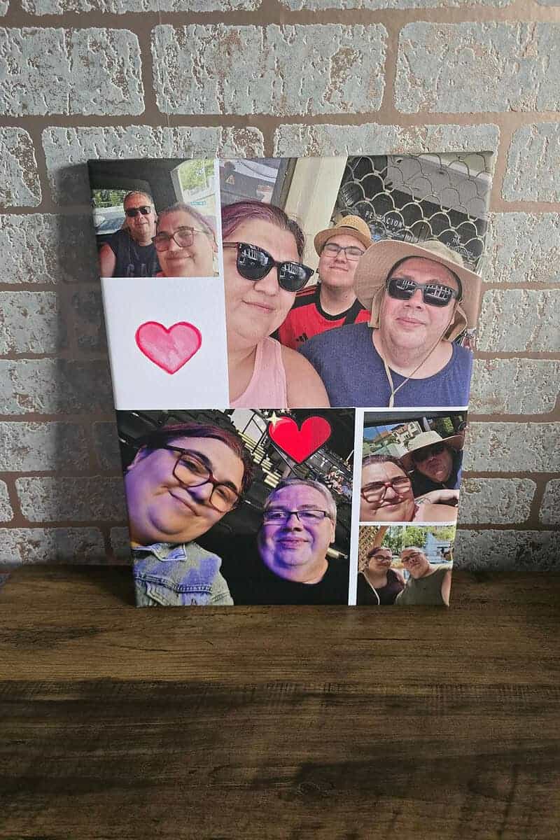 Collage of four selfies featuring a couple wearing sunglasses and hats, displayed on a brick-patterned background. Two red hearts add a touch of love, making it perfect for a Valentine's Day keepsake.