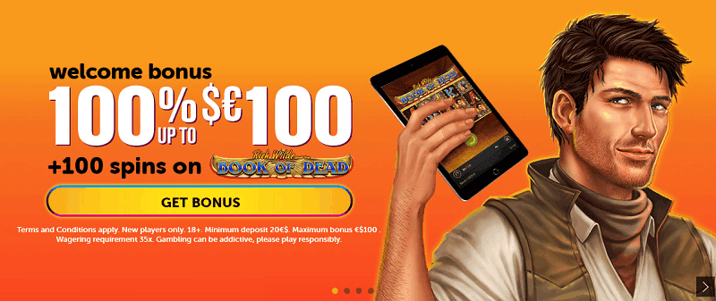 100% bonus and 100 free spins on Book of Dead 