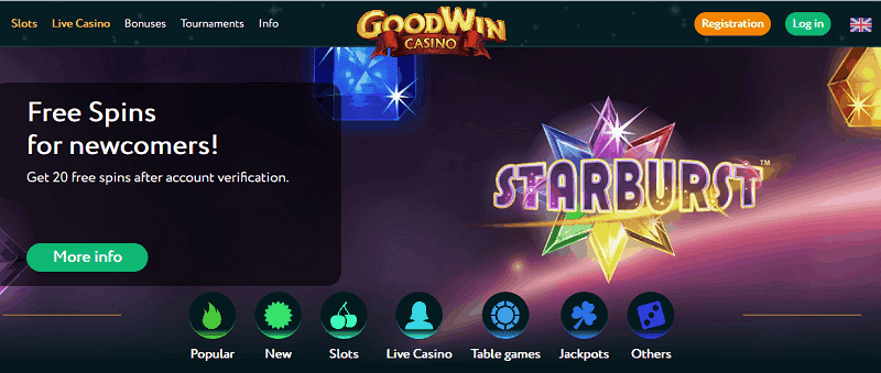 GoodWin Casino 20 free spins on registration