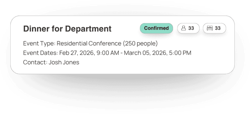 Confirmed event details for a residential conference titled "Dinner for Department," scheduled for February 27 to March 5, 2026, accommodating 250 people, with contact information for Josh Jones.