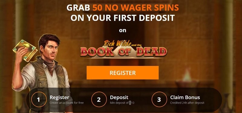 Register for 50 gratis spins on Book of Dead slot!