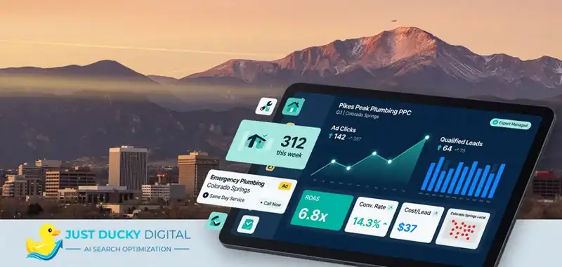 PPC for service businesses in Colorado Springs showing a Google search result for pest control, local map pack rankings, and lead‑generation metrics such as weekly leads, appointments booked, and call increases. PPC campaign management for Colorado Springs service businesses