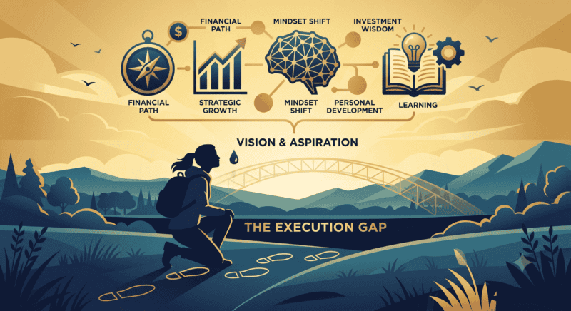 Conceptual vector illustration showing a gap between a person's high thoughts in the sky and stationary footsteps on the ground, deep navy blue and subtle gold palette, clean minimalist style, professional financial and mindset theme.