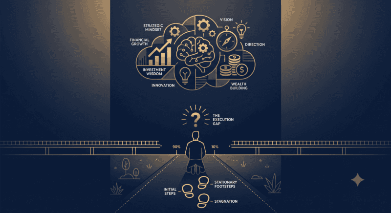 Conceptual vector illustration showing a gap between a person's high thoughts in the sky and stationary footsteps on the ground, deep navy blue and subtle gold palette, clean minimalist style, professional financial and mindset theme.