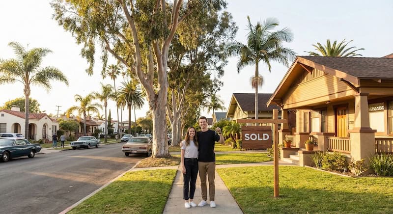 Just sold in North Park San Diego with sold sign in front of Craftsman home and homeowners