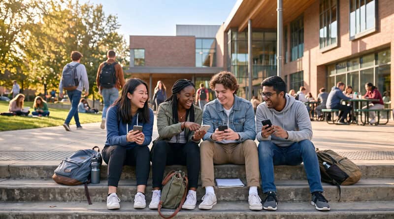 Group of diverse students connecting on campus, fostering social belonging and early community.