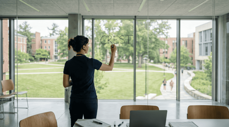 CREST framework written on glass, illustrating AI prompting elements for higher education.