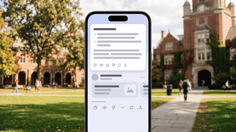 Smartphone displaying AI chat interface with Rivendell University campus in background, illustrating AI prompting for higher education.