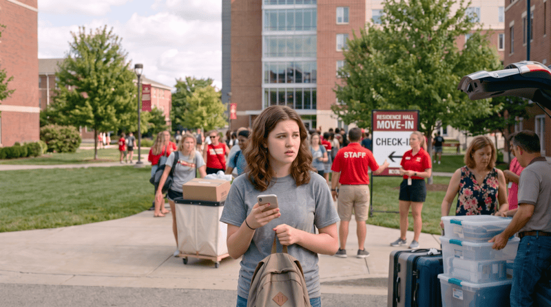 Student move-in day scene, uncertain student with phone, addressing pre-arrival connection challenges.