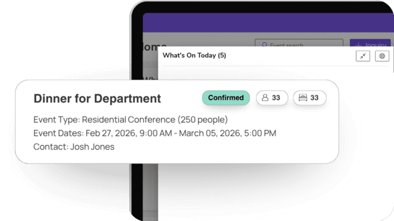 Event management interface displaying confirmed residential conference details, including event type, date range, and contact information, relevant to Kinetic Software's campus operations solutions.