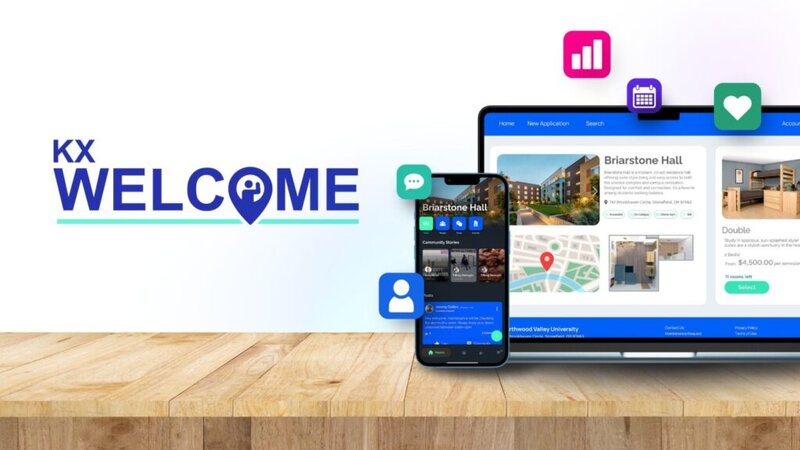 KxWelcome student housing software interface on laptop and mobile devices, facilitating move-in and student engagement.