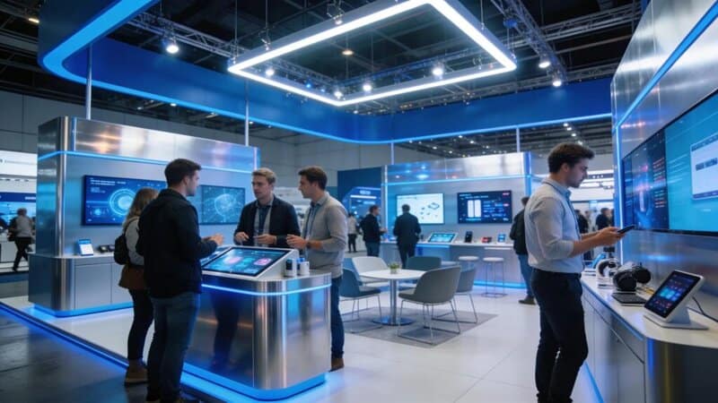 Attendees interacting inside a modern technology trade show booth