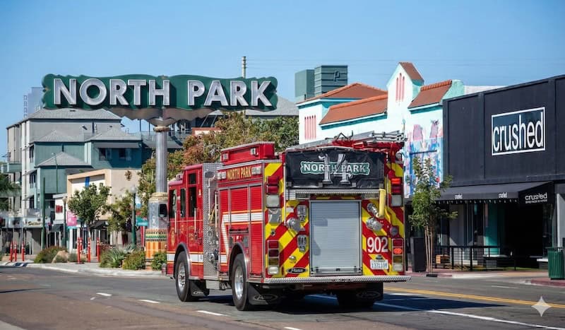 San Diego Fire Department Station 14 truck driving past the iconic North Park sign in San Diego, California, on a sunny day