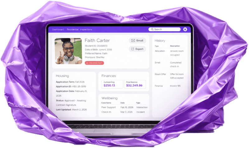 Laptop displaying housing management software interface with student information, surrounded by purple protective wrapping, emphasizing KxWelcome's focus on streamlined housing operations.
