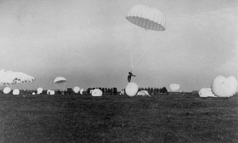 German paratroopers of the 22nd Air Landing Division land at Ockenburg airstrip near The Hague on 10 May 1940 at 04:30 AM.