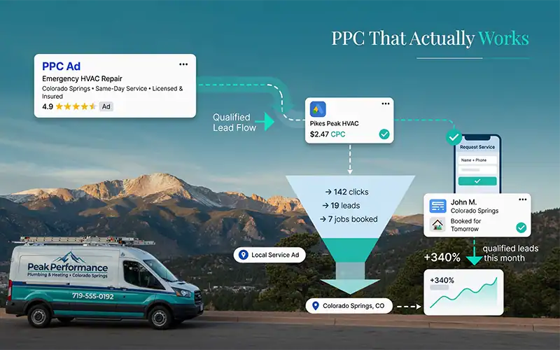 Local HVAC PPC funnel for a Colorado Springs service business showing Google Ads clicks flowing into leads, booked jobs, and a 340 percent increase in qualified leads, with a service van in front of Pikes Peak.