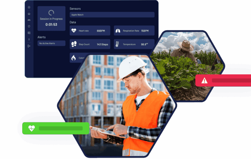 Graphic with images of a construction worker looking at a tablet, a healthcare provider showing a woman her smartphone screen, and a screen capture of the VigiLife app dashboard.