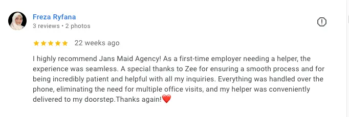 Google review for the Cheapest Maid Agency Singapore