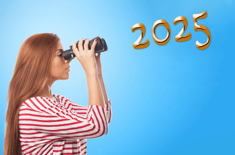 Woman with binoculars to the year 2025