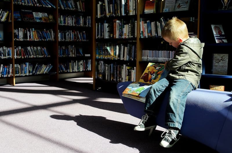 Niño sentado sobre un banco en biblioteca, hojeando un libro de dibujos.