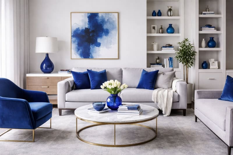 Moderner Wohnraum mit royalblauen Akzenten für ruhige und strukturierte Farbwirkung