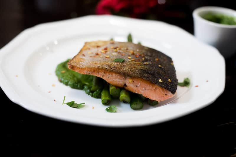 Pan Seared Salmon and Asparagus with Mojo Verde