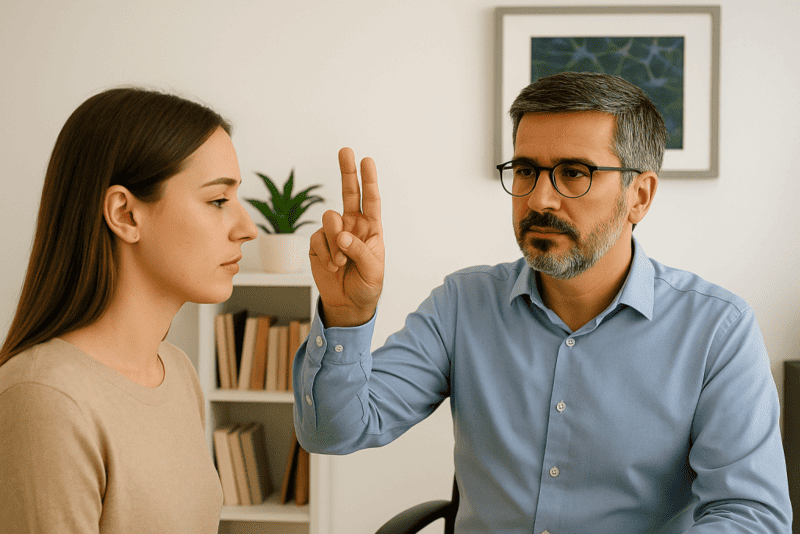Psicólogo David Díaz facilitando una sesión de EMDR con estimulación bilateral mediante movimientos oculares.