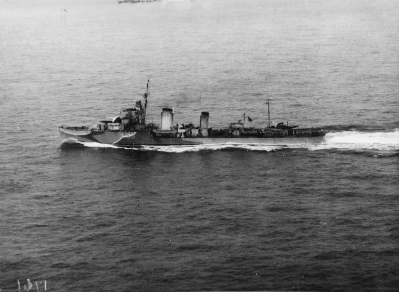 British destroyer HMS AMAZON underway at sea, Pennant No. D39, showing design similarities to the Admiralty-class destroyers.
