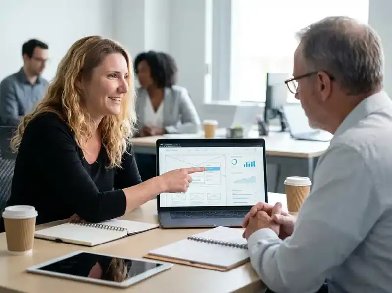 Just Ducky Digital consultant reviewing AI search optimization strategy with a small business owner. SEO, GEO, AEO, Paid Search,