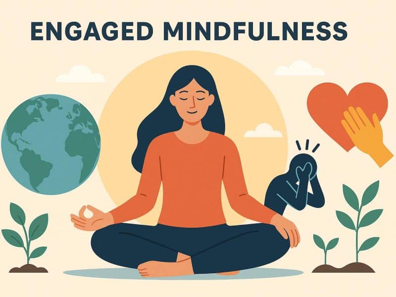 Symbolische afbeelding van engaged mindfulness: open houding, verbinding en bewustzijn in actie.