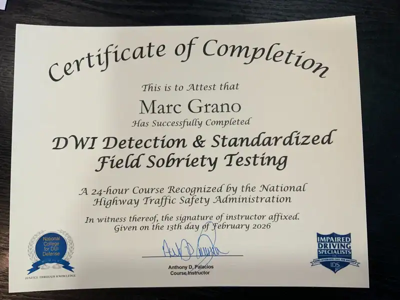 Marc Grano Completes NHTSA-Recognized DWI Field Sobriety Training 1 IMG 3401