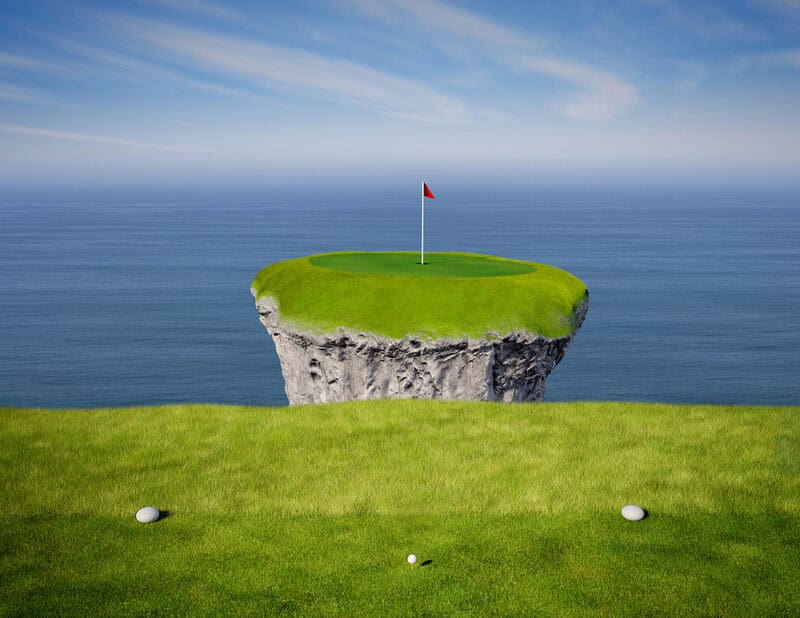 View of an impossible golf link viewed from the tee box.